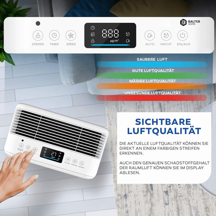 Balter LR-02 Luftreiniger, 5 Fach Filter mit HEPA H13, 99,97% Luftfilter Leistung, CADR 360m³/h, LCD