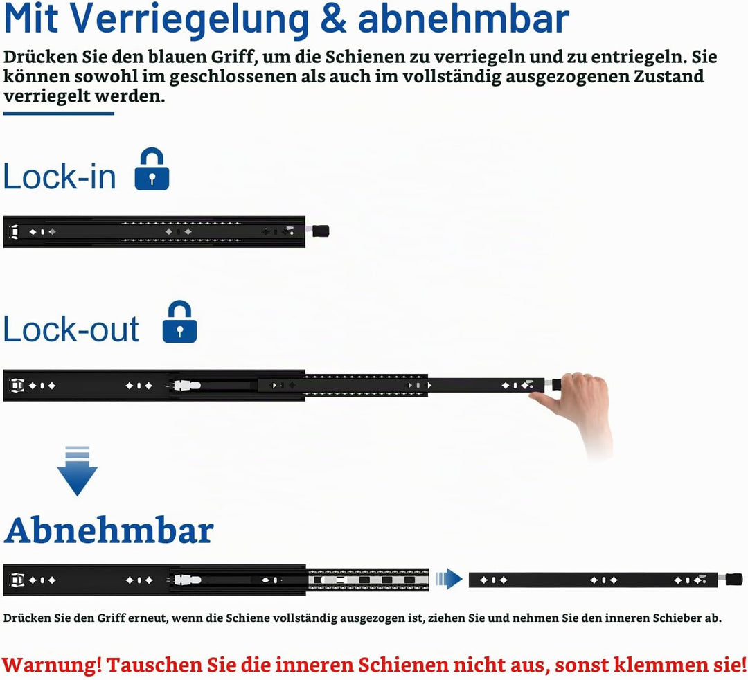 VADANIA Schubladenschienen mit Schloss 500mm, 110kg Tragfähigkeit Schwerlast-Schubladenauszüge Volla