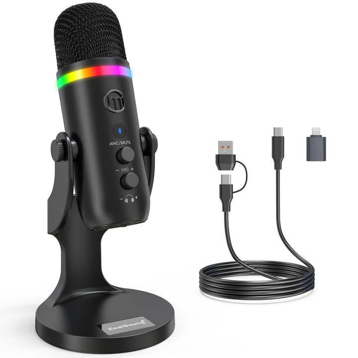 zealsound USB Mikrofon für PC iPhone, Plug & Play RGB Podcast Mikrofon mit Rauschunterdrückung & Stu