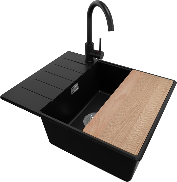Spülbecken Schwarz 62x50 cm, Granitspüle + Ablauf-Set + Küchenarmatur 5000, Küchenspüle für 50er Unt
