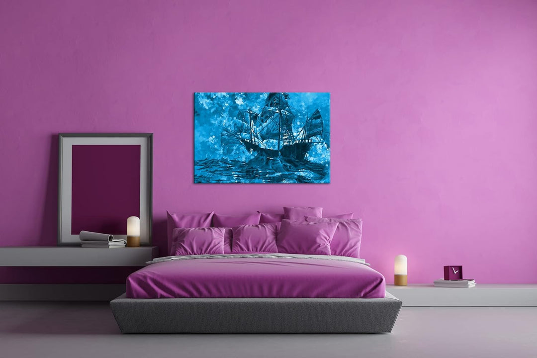 deyoli abstrakte Zeichnung eines Geisterschiffes Format 80x60 Effekt: Monocrome Blau als Leinwandbil
