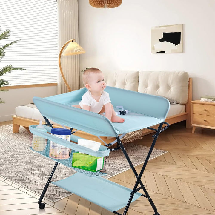 Baby Wickelkombi - klappbare Wickelkommode, mobiler Wickeltisch mit Wickelauflage, Sicherheitsgurt u