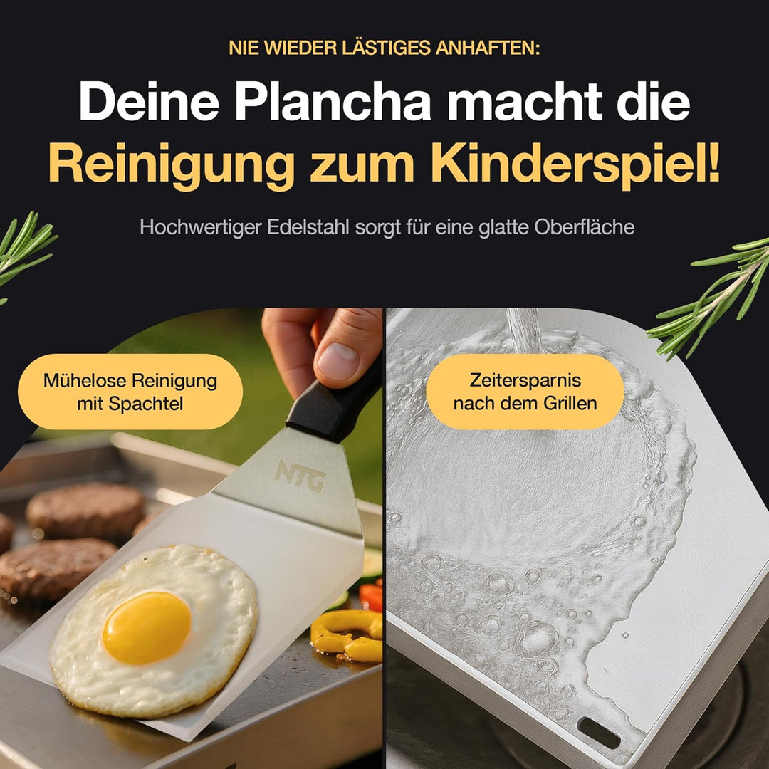 NTG - Grillplatte aus 4mm rostfreiem Edelstahl [40 x 30cm] - Plancha mit Fettablauf und Grillspachte