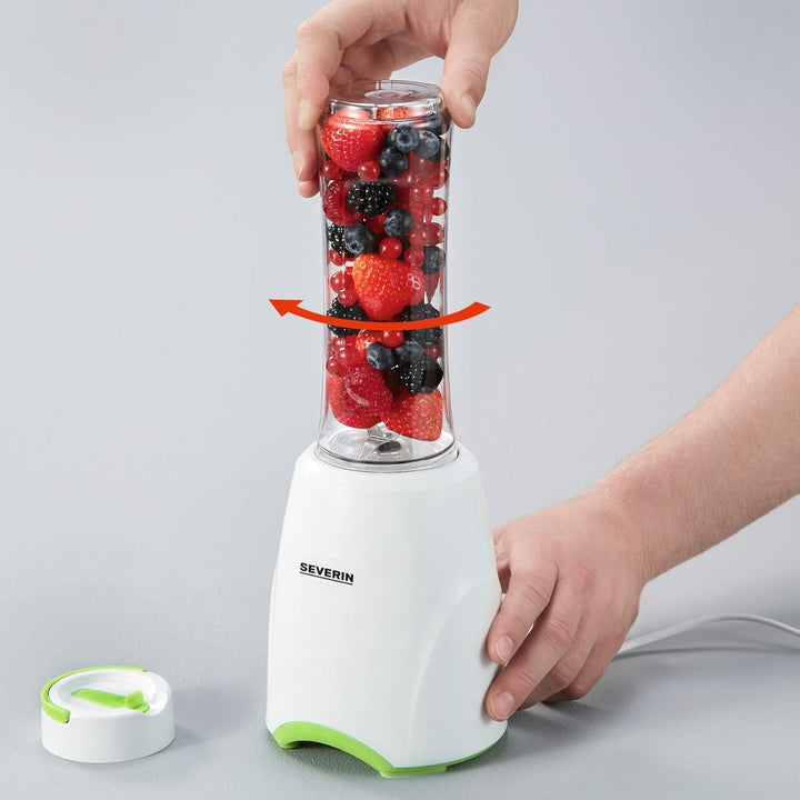 SEVERIN SM 3735 Smoothie Mix & Go (ca. 300 W, 600 ml, Inkl. 2 Trinkbehälter mit Deckel) weiss/grün,