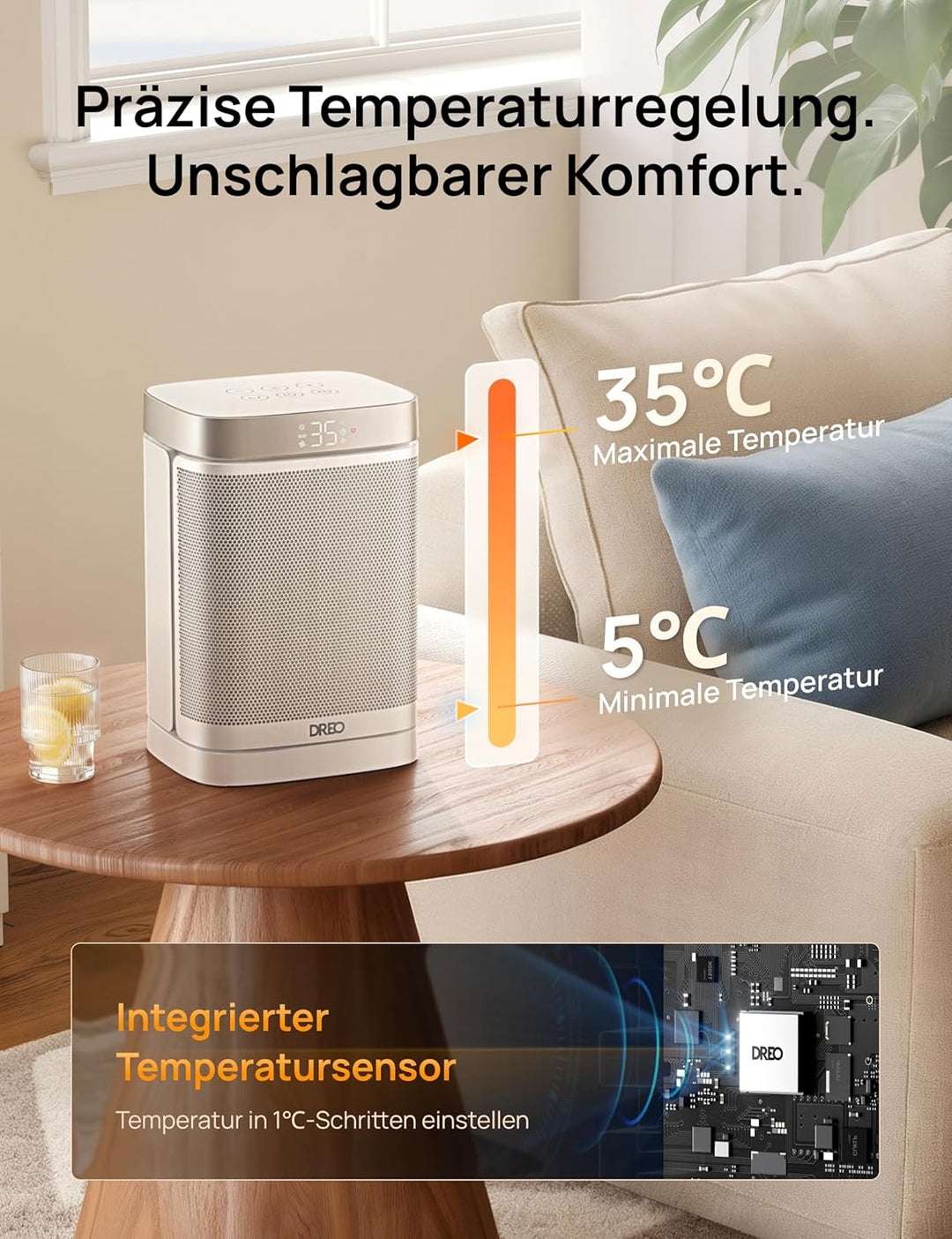 Dreo Heizlüfter Energiesparend Klein, 1500W Heizung Elektrisch mit Thermostat, 70° Oszillierend Elek