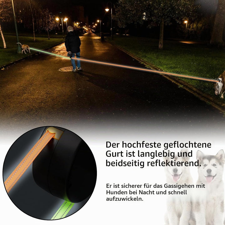 Hundeleine Doppelleine für 2 Hunde mit LED-Licht, einziehbare Leine mit komfortablem Griff, Rolllein