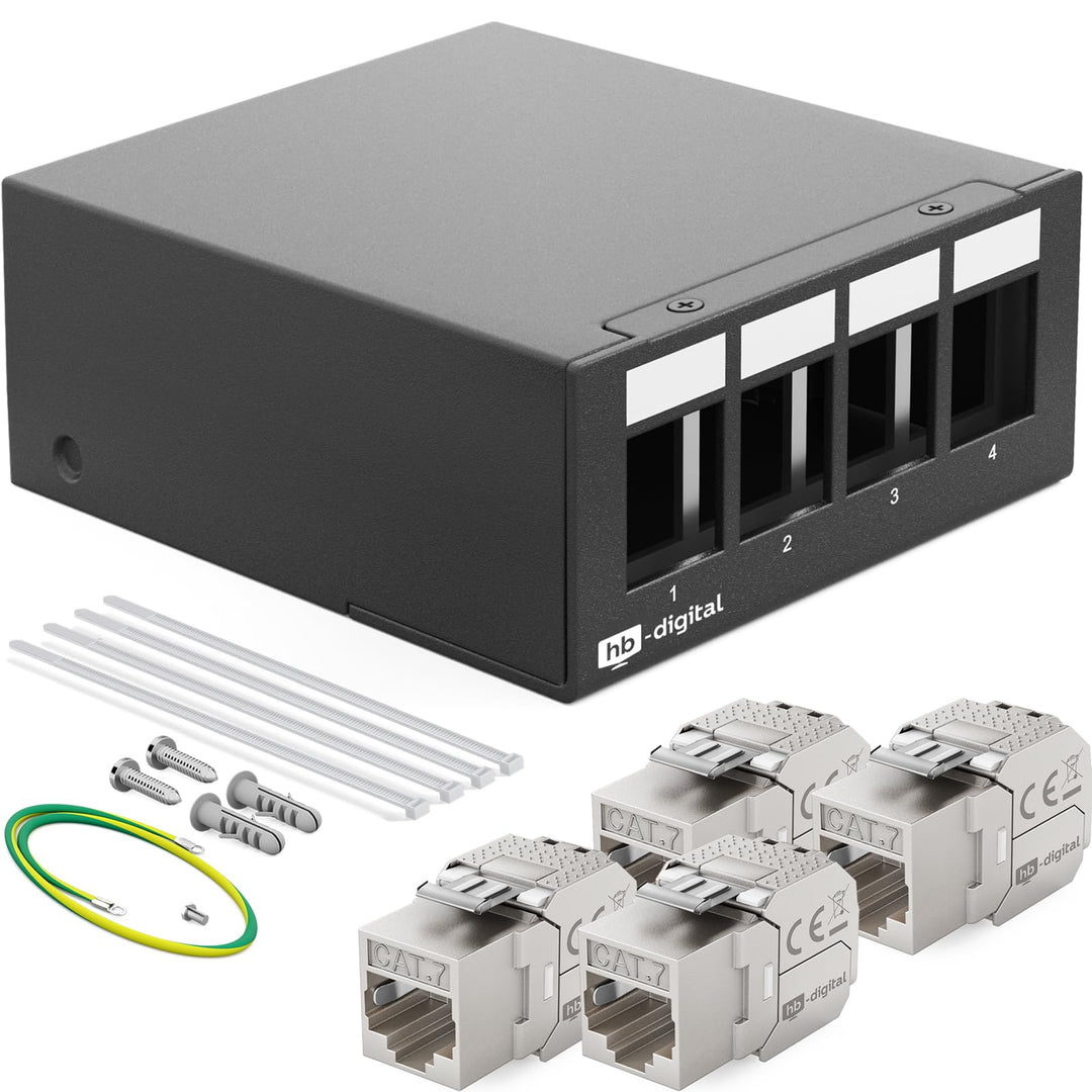 HB-DIGITAL 4-Port Patchpanel Patchfeld Verteilerfeld 1 HE 4x CAT 7 RJ45 Keystone Jack Modul vollgesc