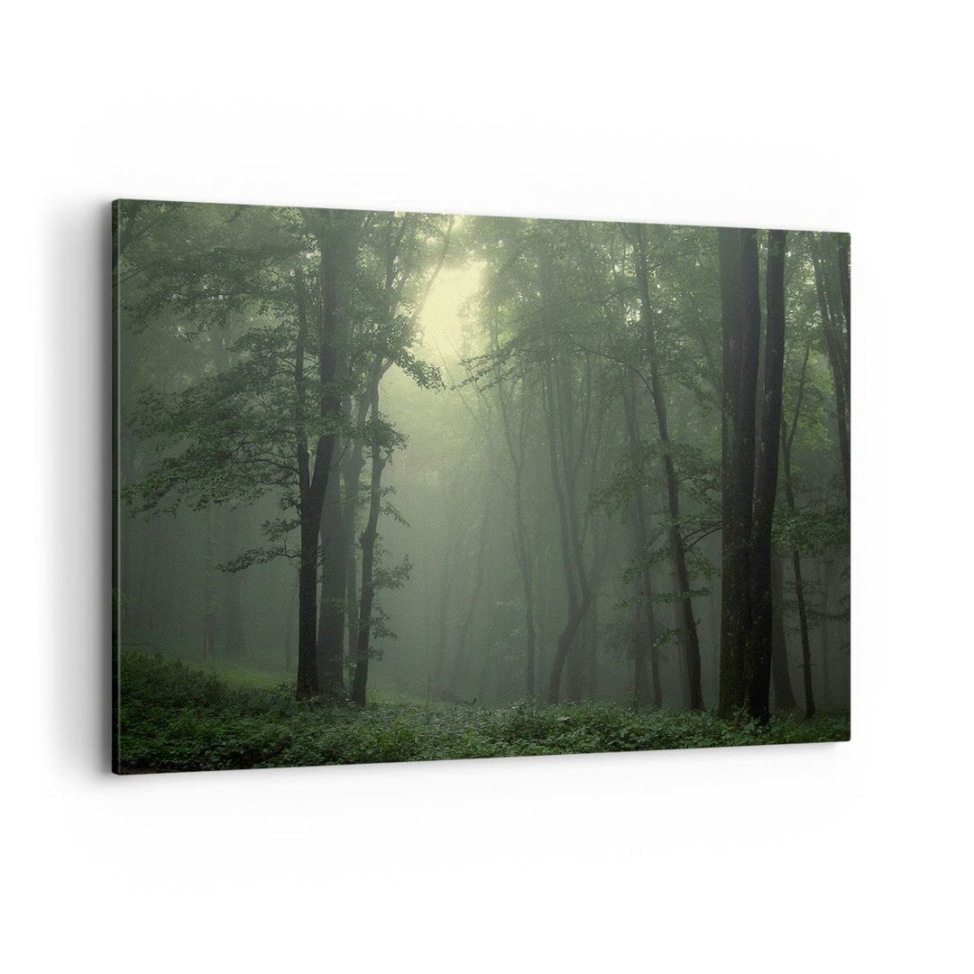 Bilder auf Leinwand 100x70cm Leinwandbild mit Rahmen Wald Nebel Baum Gross Wanddeko Bild Schlafzimme