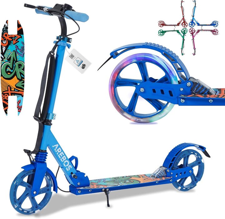 Arebos Cityroller Tretroller mit LED | höhenverstellbar | klappbar | inkl. Tragegurt | Hand- & Tritt