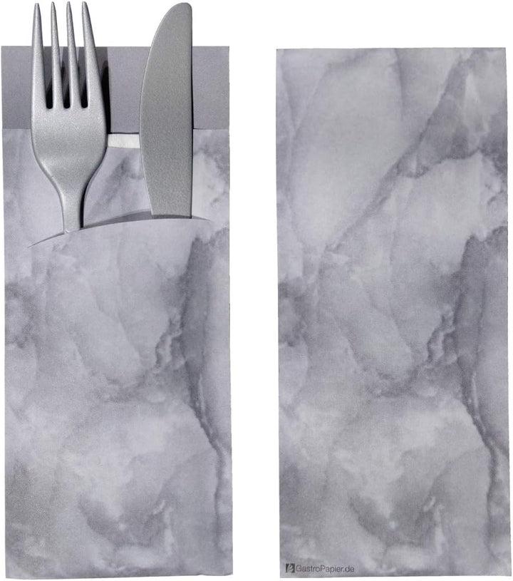 Gastropapier 520 Bestecktaschen mit Serviette grau marmoriert 20 cm 520 Stück Grau, 520 Stück Grau