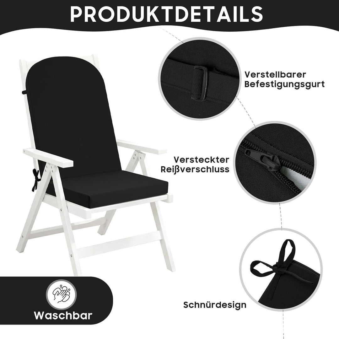 Hochlehner Auflage Gartenstuhl 120x50x6 1PC Schwarz | Schaumstoffgefülltes Sitzkissen mit Bändern fü