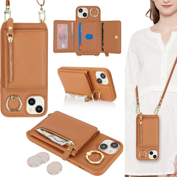 ELTEKER Handyhülle für iPhone 13 Hülle mit Band Kartenfach Ringhalterung Geldbörse,Leder Klapphülle