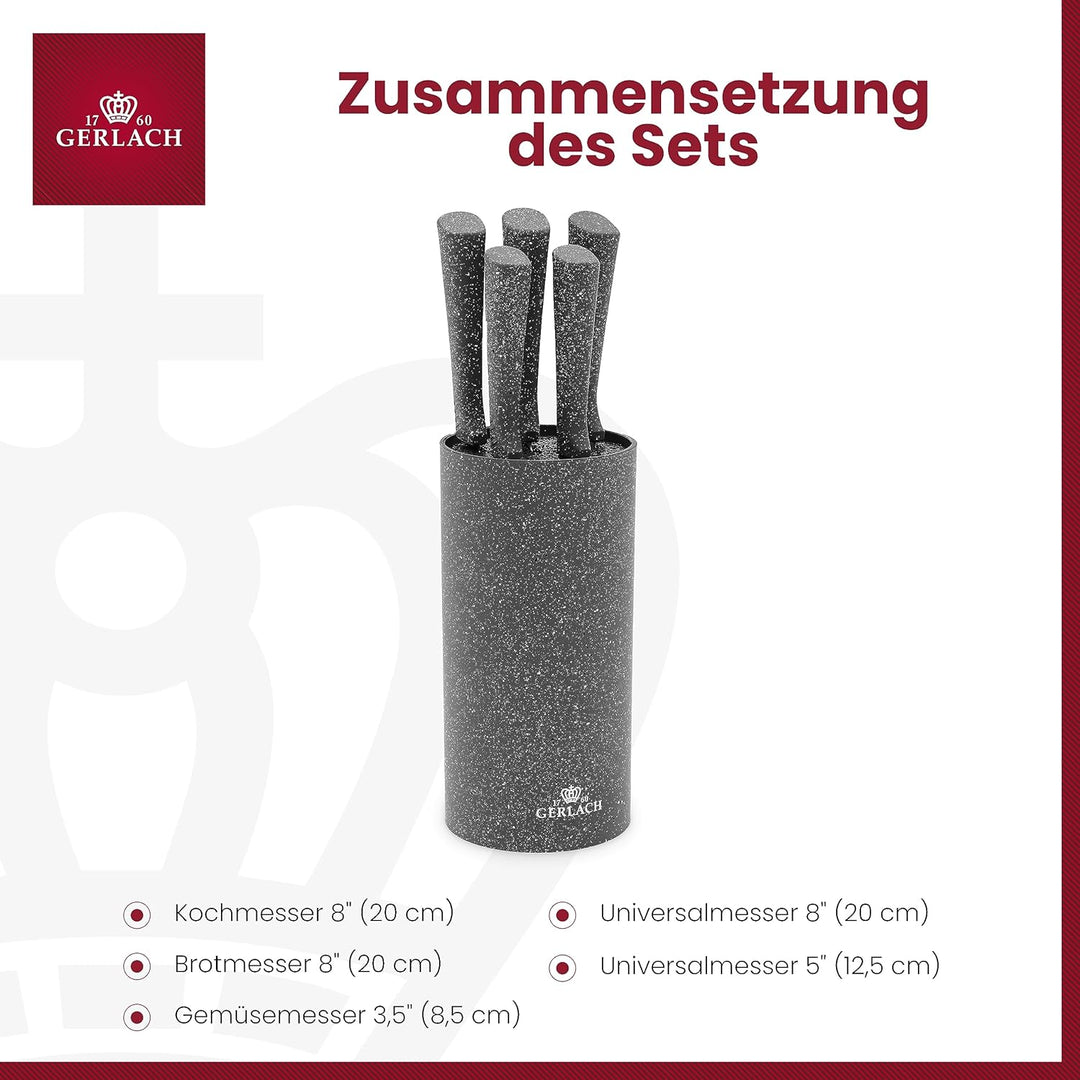 GERLACH Smart Stainless Steel X30Cr13 Bloc de 5 couteaux Finition satinée Granite Toucher doux