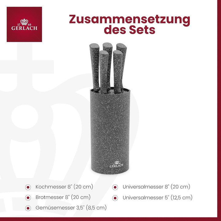 GERLACH Smart Stainless Steel X30Cr13 Bloc de 5 couteaux Finition satinée Granite Toucher doux