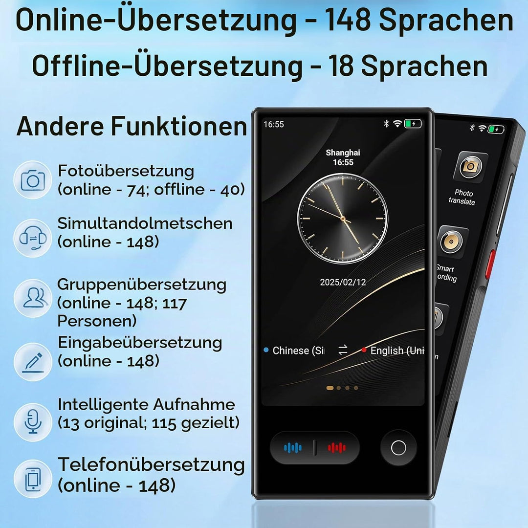 Sprachübersetzer Ohne Internet, Tragbar KI Übersetzer mit 148 Sprachen und Deutsch Offline, Langlebi