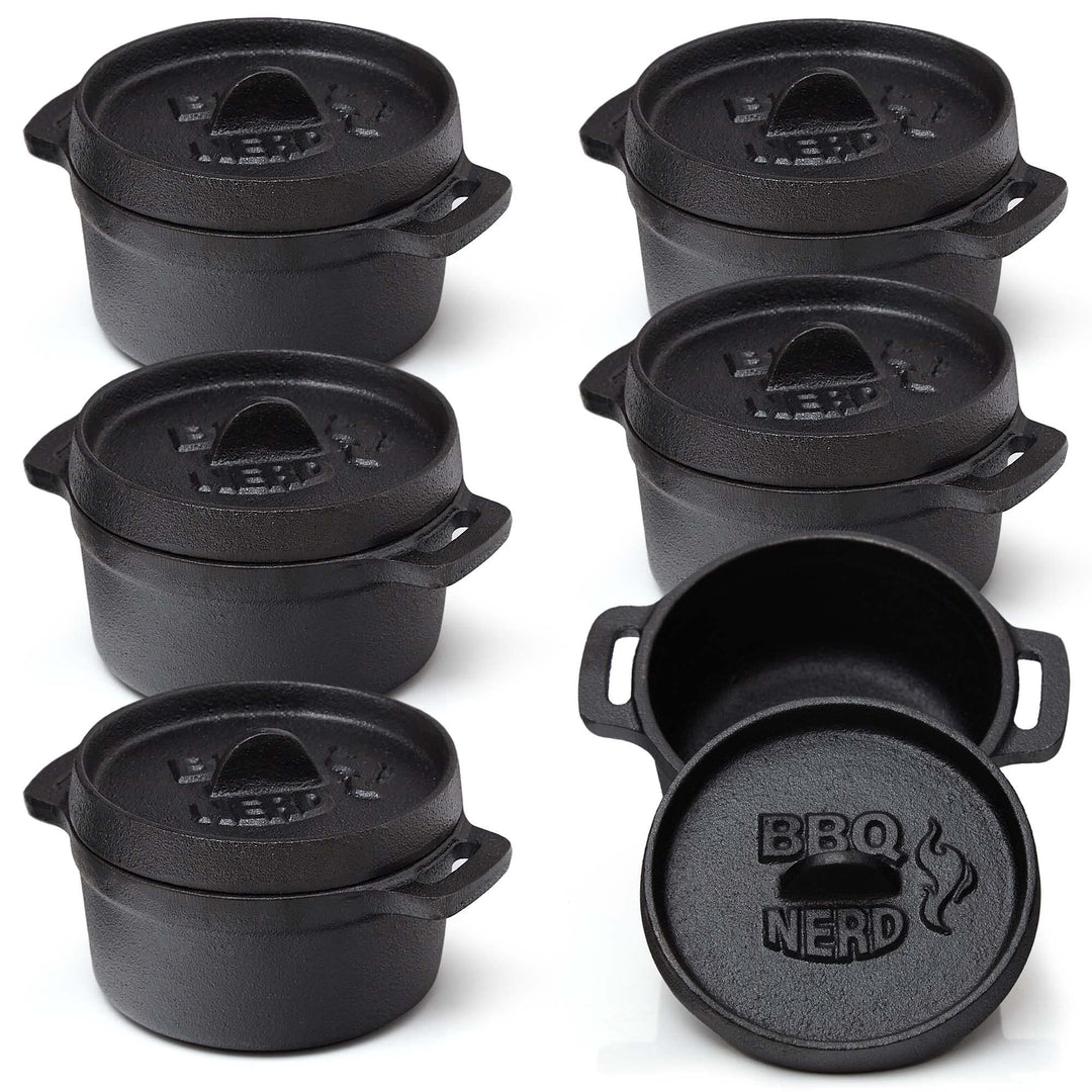 BBQ-Nerd© 6er Set Mini Dutch Oven | Kleiner Gusseisentopf mit Deckel 11x5cm für Grill, Feuerstelle,