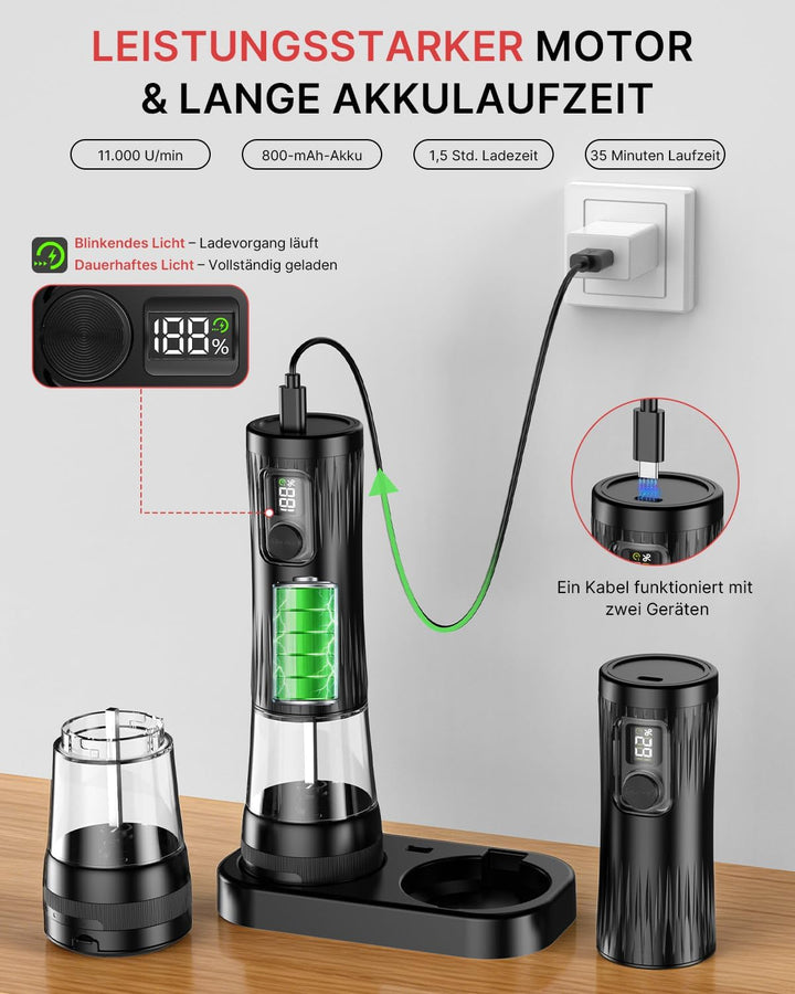 Salz und Pfeffermühle Elektrisch, 2-teilig, Wiederaufladbar, Verbesserte Akkuanzeige &amp; LED-Beleuchtu