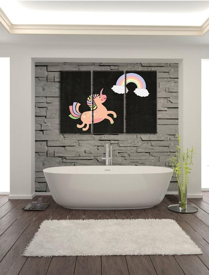 Pixxprint Flauschiges Einhorn mit Regenbogen schwarz 3-Teiler Leinwandbild 120x80 Bild auf Leinwand