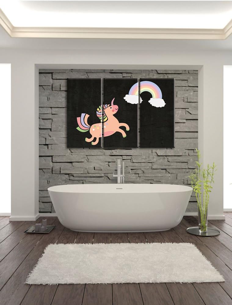Pixxprint Flauschiges Einhorn mit Regenbogen schwarz 3-Teiler Leinwandbild 120x80 Bild auf Leinwand