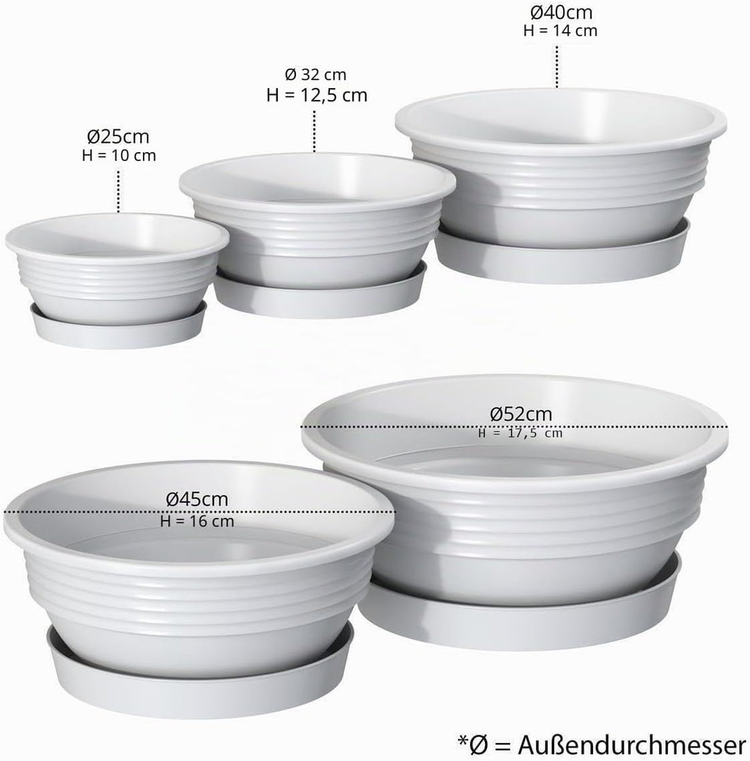 Pflanzschale mit Untersetzer im 3er Set in Weiss 40 cm Durchmesser grosse runde Blumenschalen aus Ku