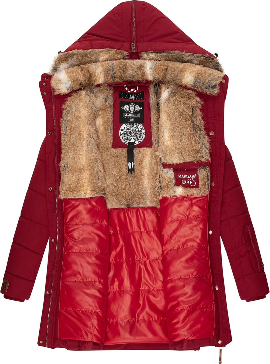 MARIKOO Damen Warmer Winter Steppmantel mit Kapuze Lieblings Jacke XS-XXL XS Blood Red, XS Blood Red