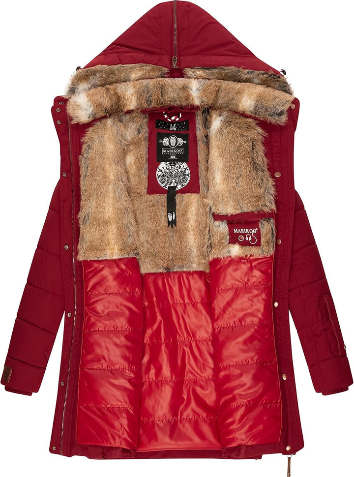 MARIKOO Damen Warmer Winter Steppmantel mit Kapuze Lieblings Jacke XS-XXL XS Blood Red, XS Blood Red