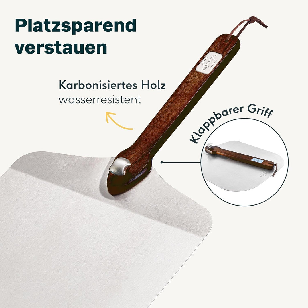 SILBERTHAL Pizzastein Set 4 teilig - Pizzaschieber Edelstahl mit Pizzastein, Pizzamesser 32cm & Serv