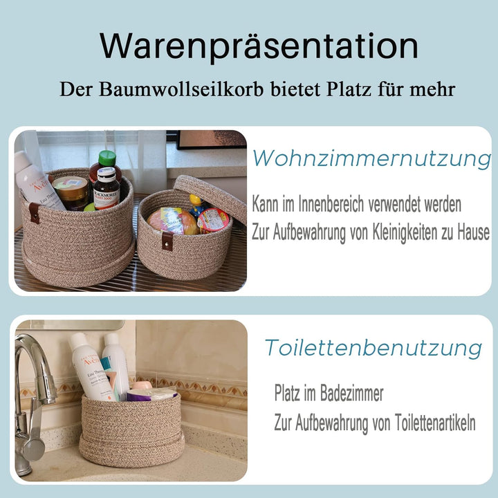 2 STÜCKE Kosmetik Aufbewahrungskorb mit Deckel Aufbewahrungsbox Natürliches Baumwollgarn Weiss, Weis