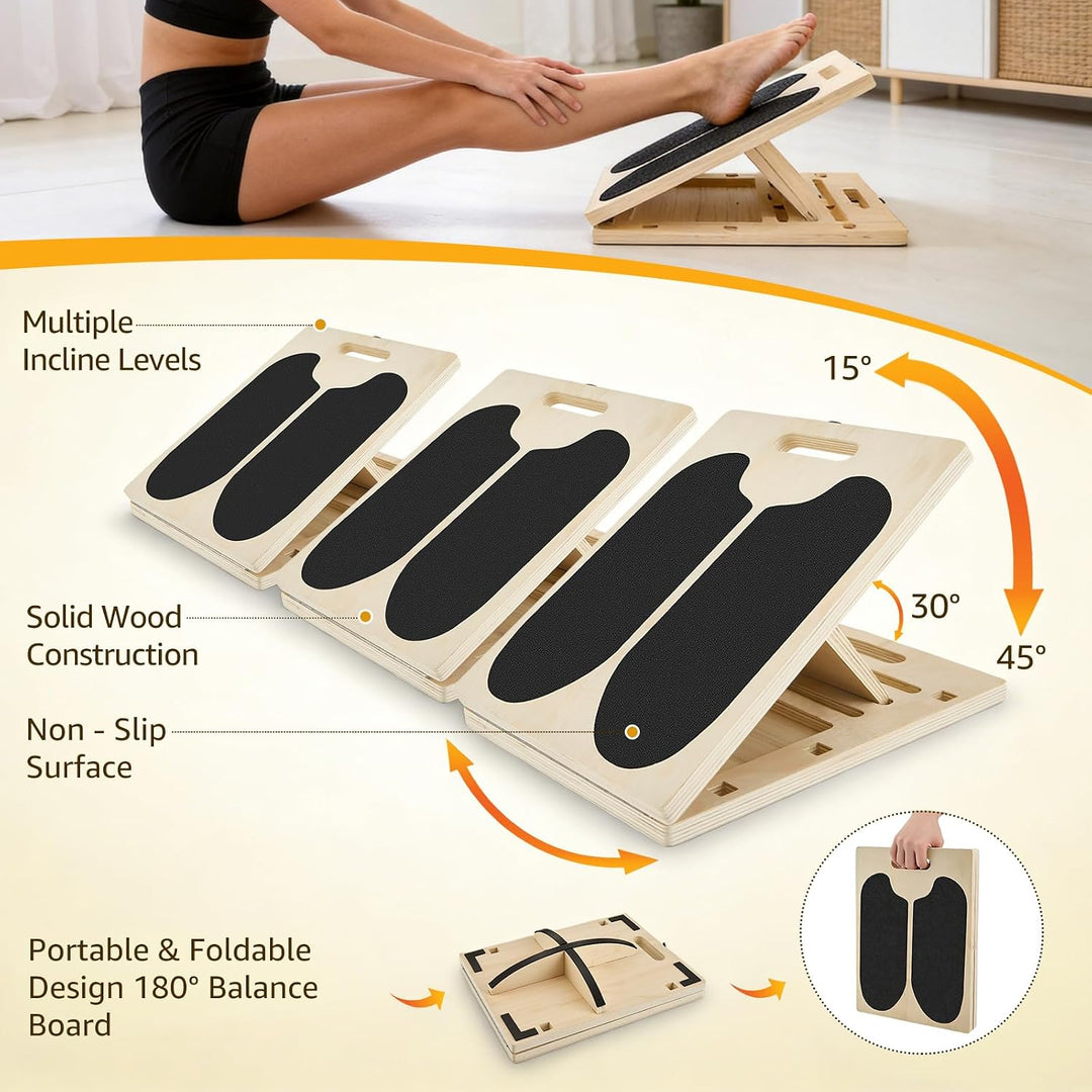 3-in-1 Gleichgewichtstrainer Balanceboards Klappbares Slant Board, Wadendehner Schrägbrett aus Holz