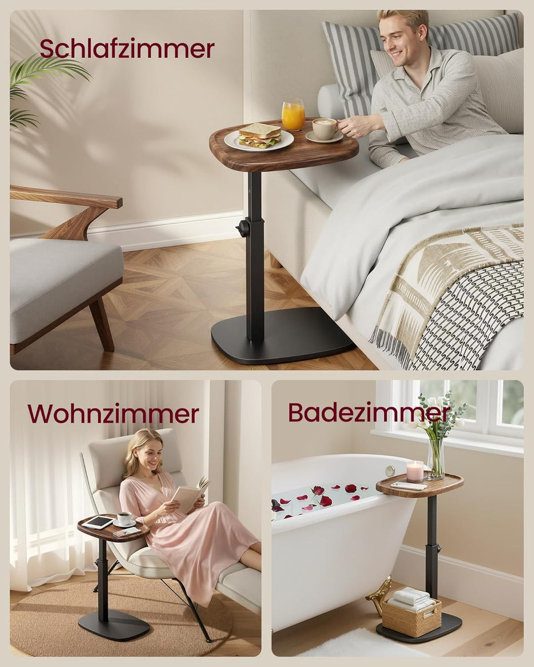 VASAGLE Beistelltisch C-Form, Sofatisch, Couchtisch für kleine Räume, Wohnzimmertisch höhenverstellb