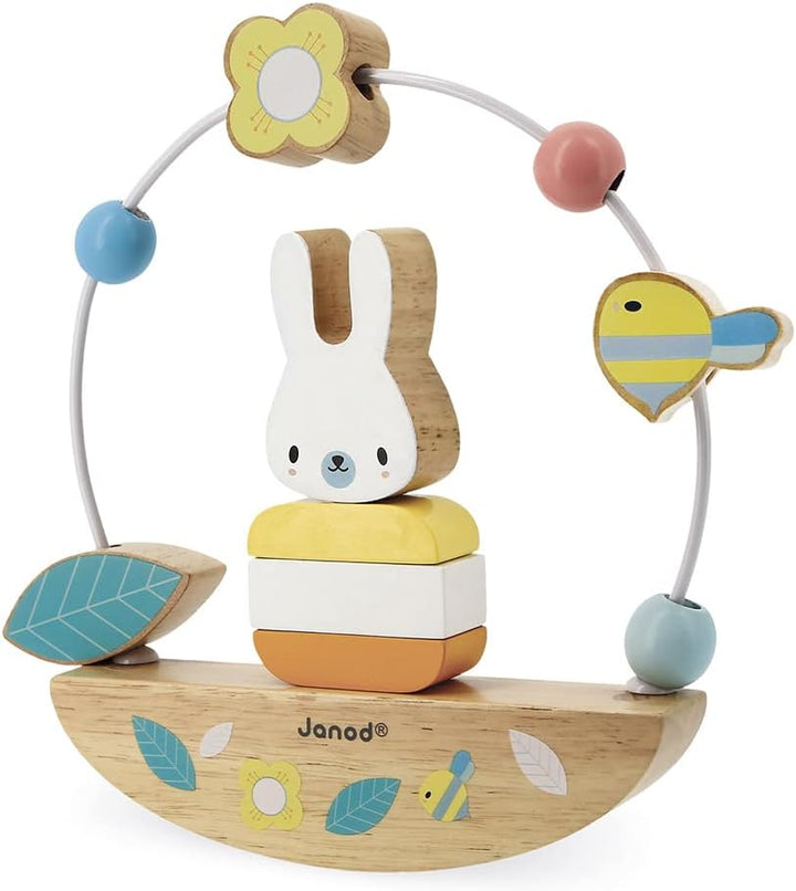 Janod - Motorikschleife mit Hase Pure - Entwicklungsspielzeug aus Holz - 3 Lernaktivitäten - Feinmot