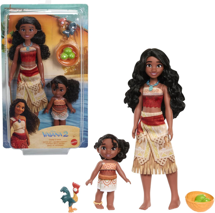 Mattel Disney Vaiana 2 Spielzeuge, Schwesternset mit 2 Modepuppen im bekannten Look, Haustier Heihei