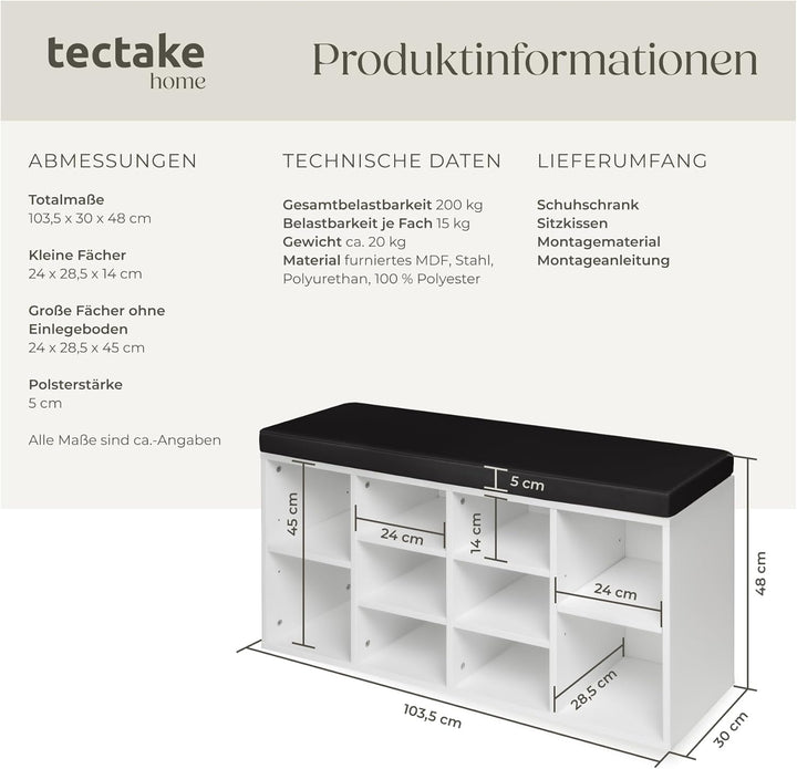 tectake® Schuhschrank mit Sitzbank, Schuhregal, Sitzbank mit Stauraum für 10 Paar Schuhe, Garderobe,