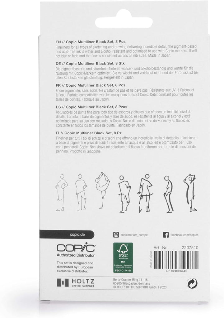 Copic Multiliner Set schwarz, 8 Stifte in 8 verschiedenen Strichstärken mit wasserfester Pigmenttint