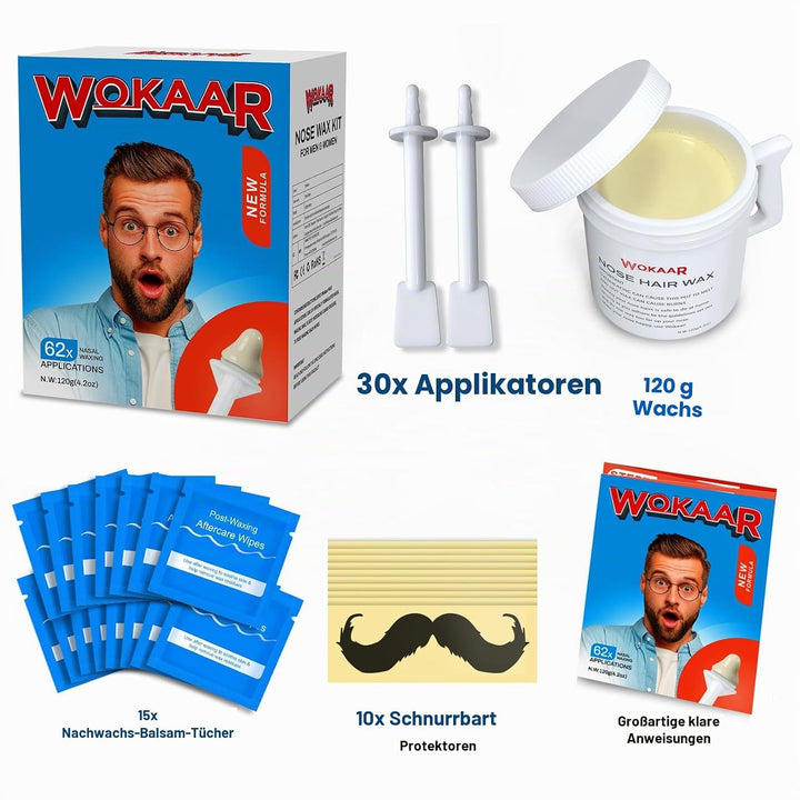 Wokaar Nasenwachsset für Männer, 120 g, hypoallergenes Wachs, 30 Applikatoren, Nasen- und Ohrenhaarw