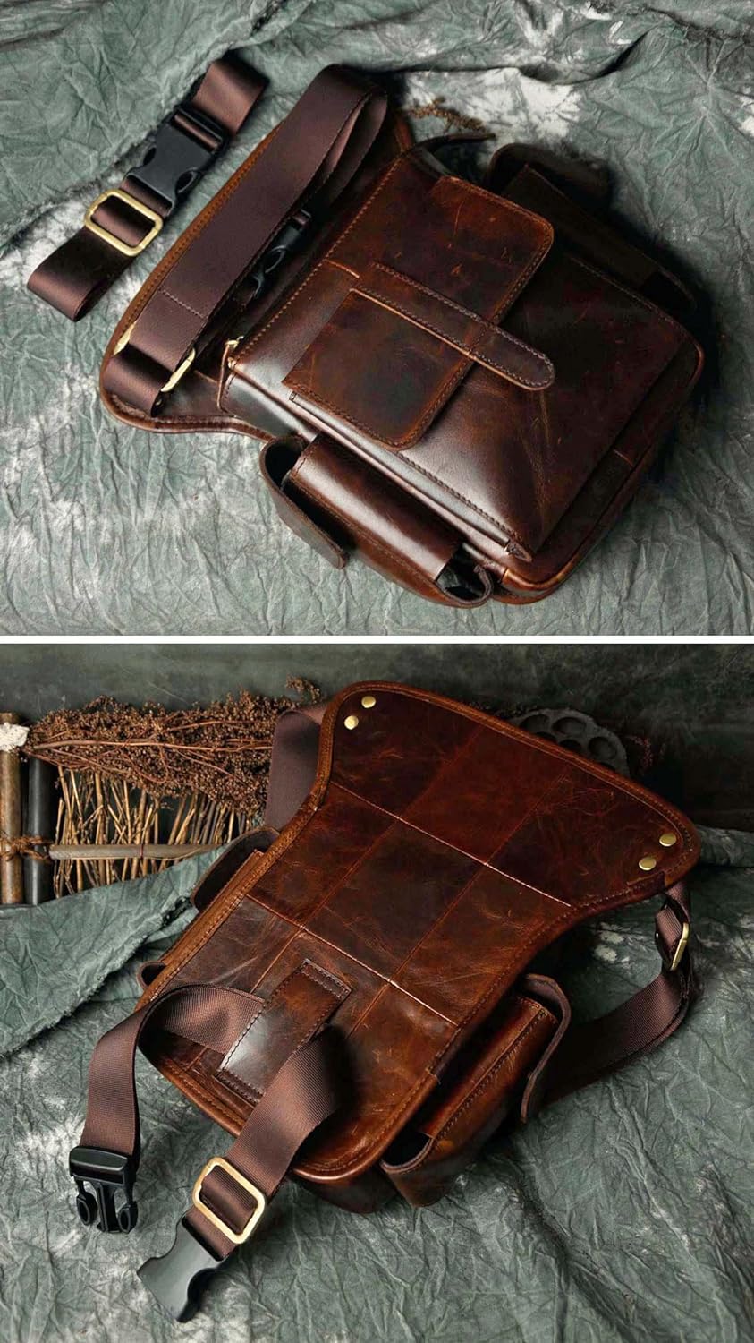 Le'aokuu Herren Echtes Leder Hüfttasche Gürteltasche Bauchtasche Reissverschluss Motorrad Messenger
