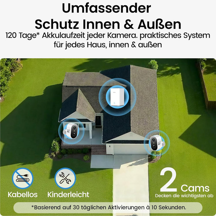 aosu 2K Überwachungskamera Aussen Akku 2er-Kit mit Aosubase 2.0 ohne ABO 32GB Lokal Speicher Kabello