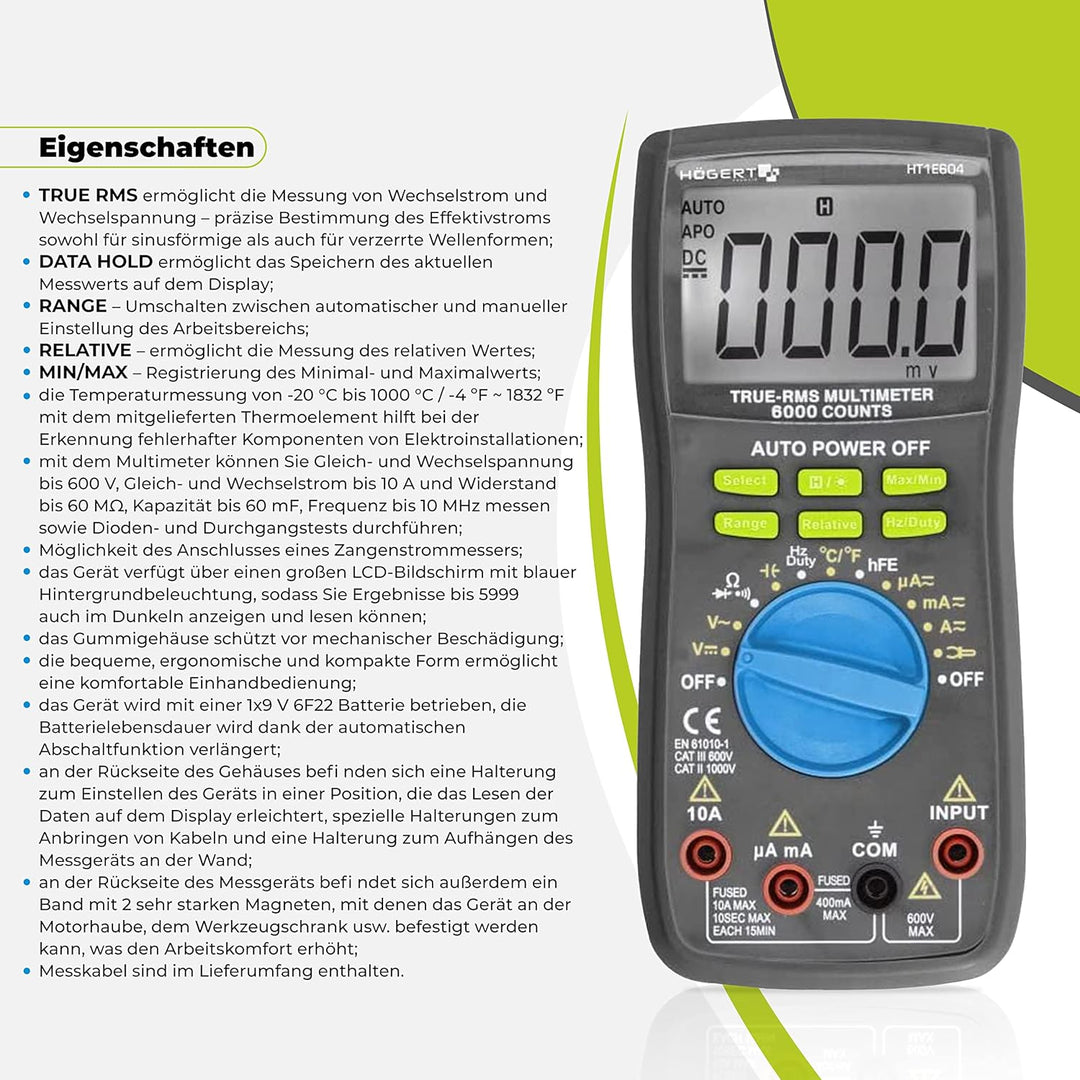 Högert Technik - Multifunktionales Digitales Messgerät I Multimeter bis 600V / 10A I RMS I LCD-Bilds
