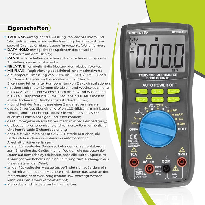 Högert Technik - Multifunktionales Digitales Messgerät I Multimeter bis 600V / 10A I RMS I LCD-Bilds