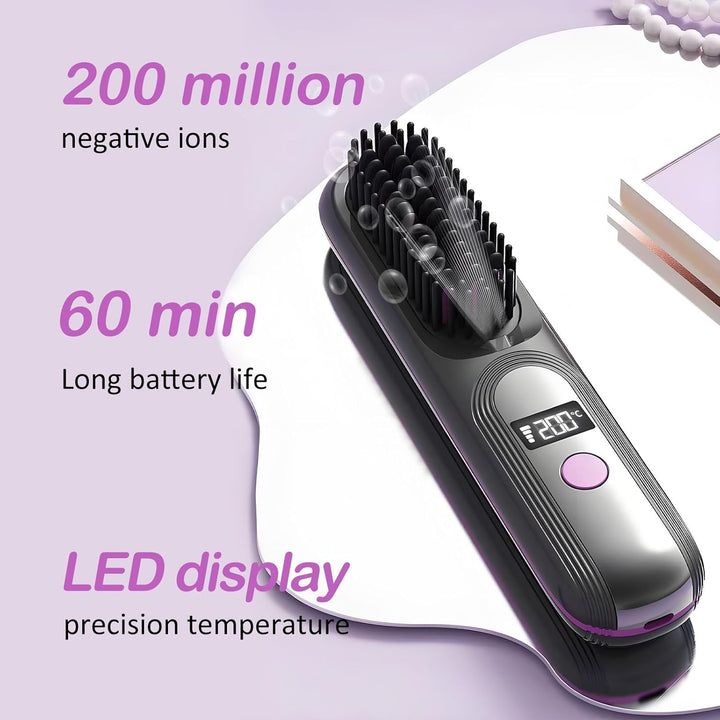 Kabellose Glättbürste, 3D Tragbare Mini-Haarglätterbürste, 140-200℃ 4 Temperatureinstellungen, Negat