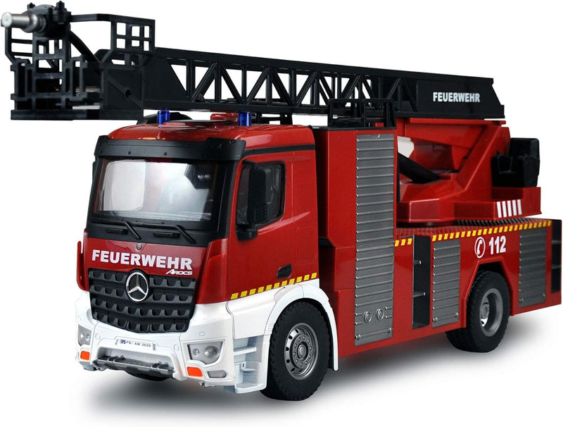 Amewi 22502 Mercedes-Benz Feuerwehr Drehleiterfahrzeug 1:18, RTR, Lizenzfahrzeug, Rot/Weiss