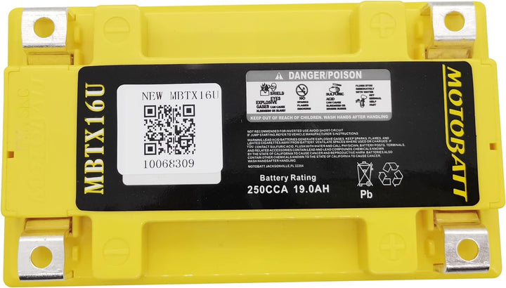 MotoBatt MBTX16U (12V 19 Amp) 250CCA Factory Activated QuadFlex AGM Battery