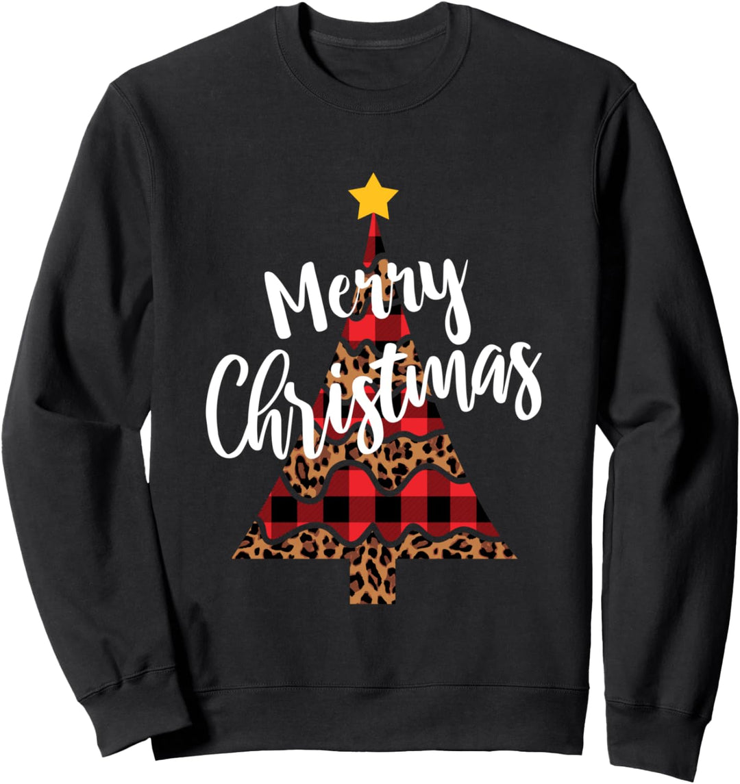 Leopard Cheetah Print & Buffalo Plaid Christmas Tree Gift Sweatshirt