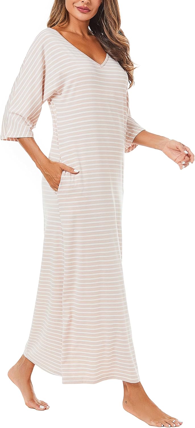 Uniexcosm Nachthemd Damen Lange Baumwolle 3/4 Ärmel Nachtkleid Nachtwäsche V-Ausschnitt Freizeitklei