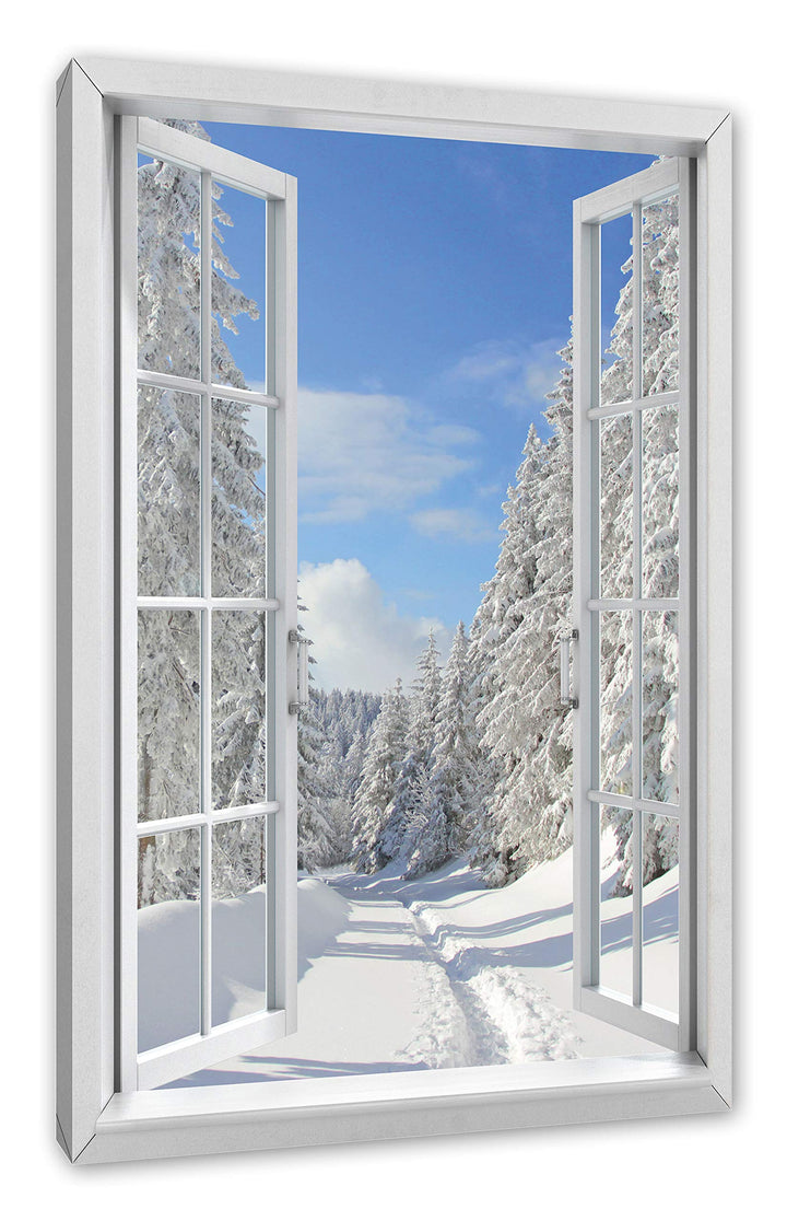 Pixxprint Winterlandschaft Bäume, Fenster Leinwandbild | Grösse: 100x70 cm | Wandbild | Kunstdruck,