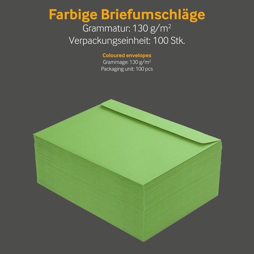 100 Stück, Farbige Briefumschläge, DIN C5, Haftklebung mit Abziehstreifen, Gerade Klappe, 130 g/qm C