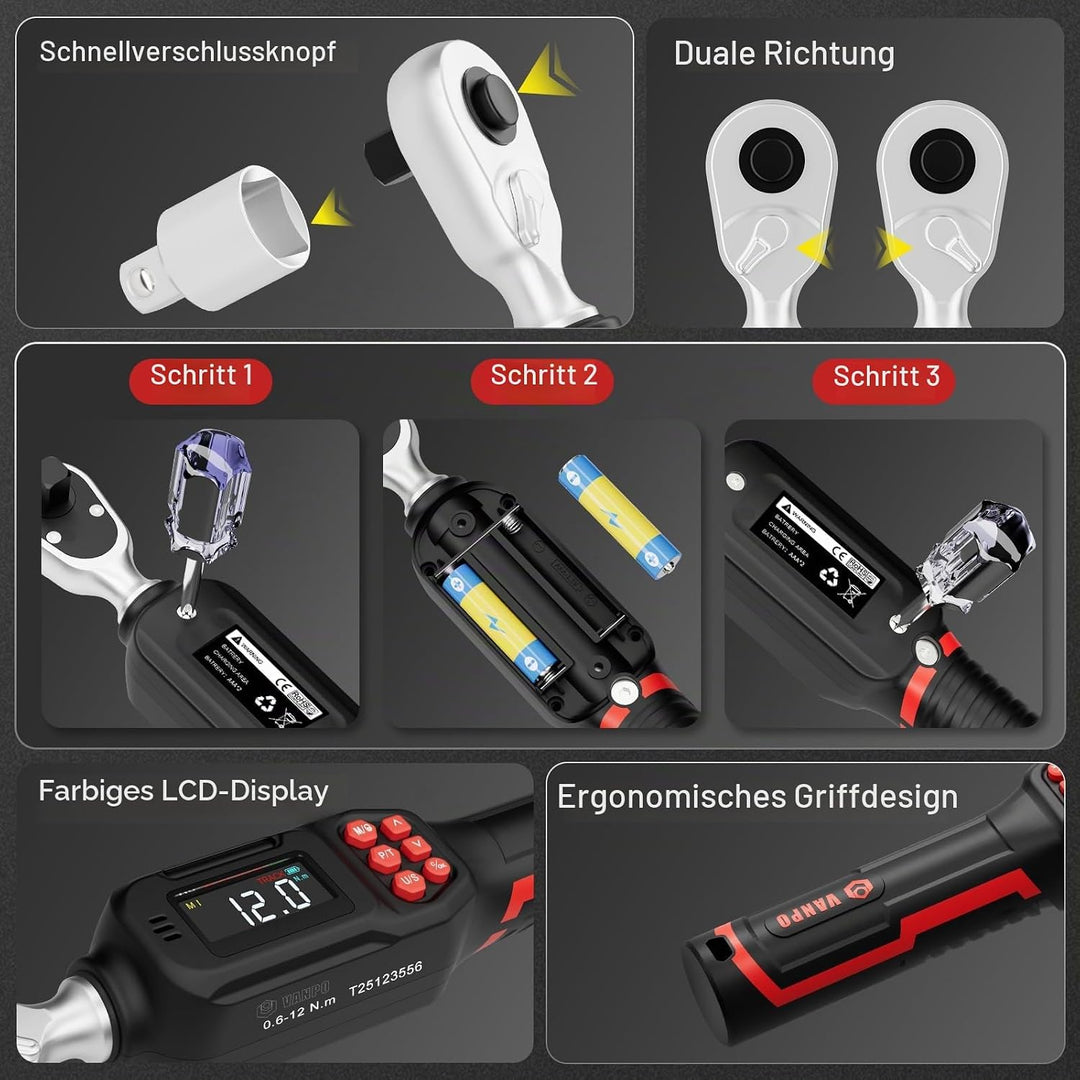 VANPO Digitaler Drehmomentschlüssel 1/4 Zoll(0.6–12 Nm) für Fahrrad &amp; Präzisionsreparaturen,±2% Gena