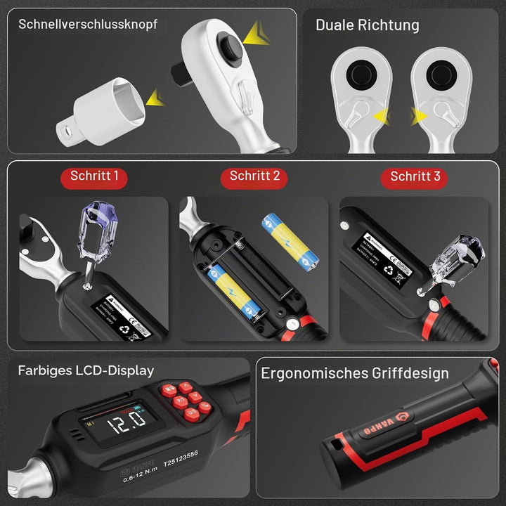 VANPO Digitaler Drehmomentschlüssel 1/4 Zoll(0.6–12 Nm) für Fahrrad &amp; Präzisionsreparaturen,±2% Gena