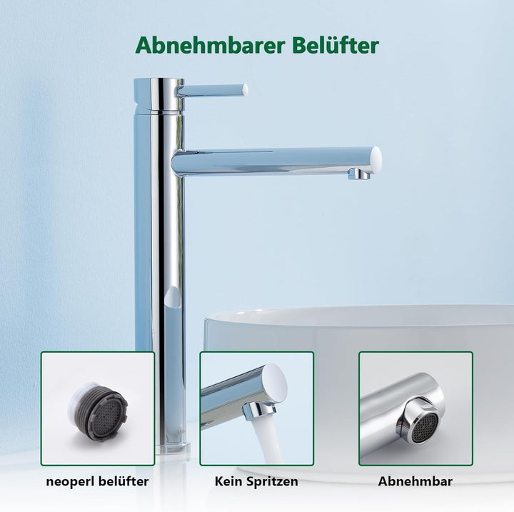 Kelleria Chrom Wasserhahn Bad Hoch, Einhand Badarmatur Waschtischbatterie, Waschtischarmatur mit Aus