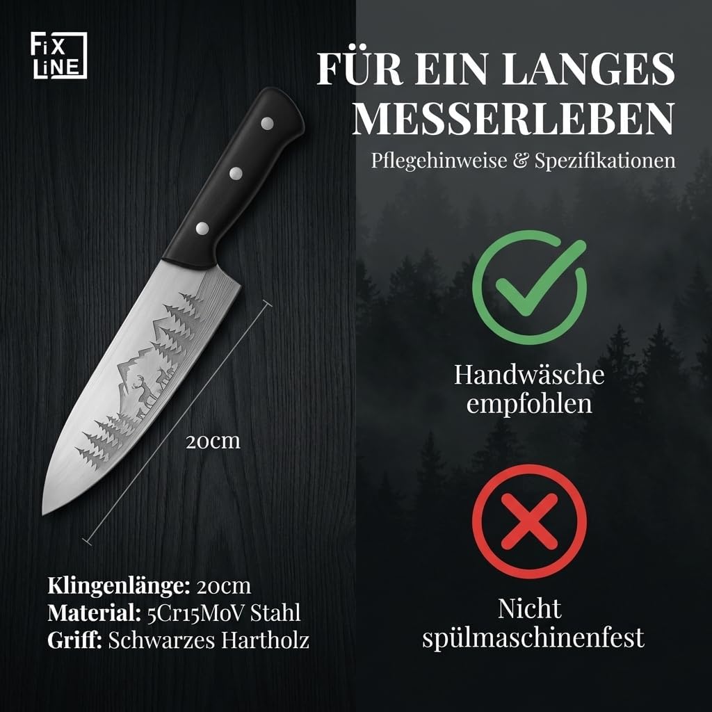 FIXLINE® Chefmesser 20cm BLACK FOREST Edition – Starkes Allround-Kochmesser - rasiermesserscharf - r